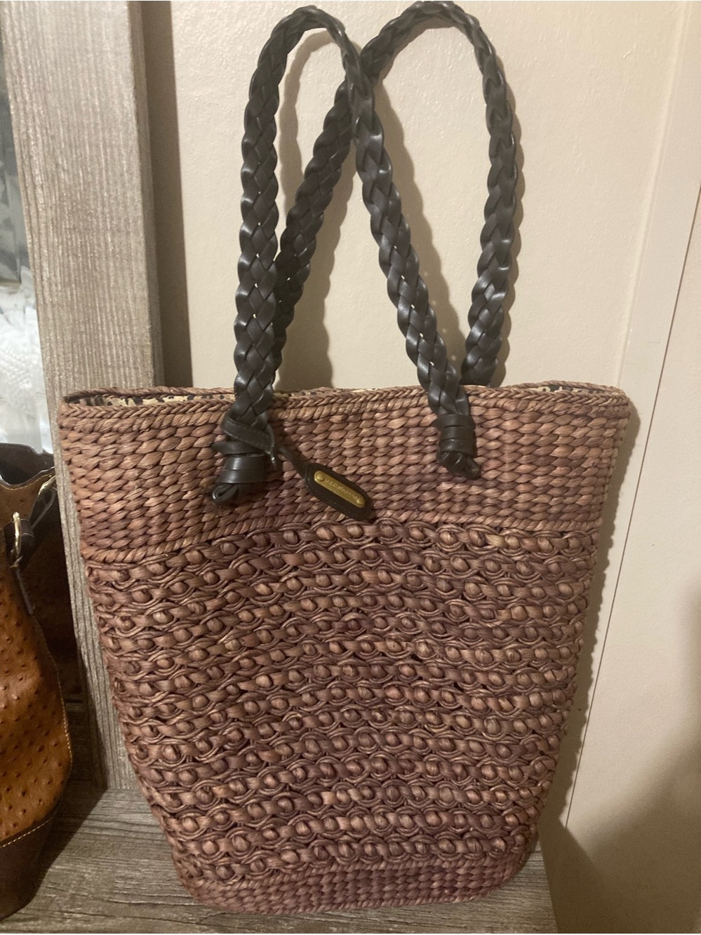Liz Claiborne Brown Woven Tote with Dark Brown Braided Handles
